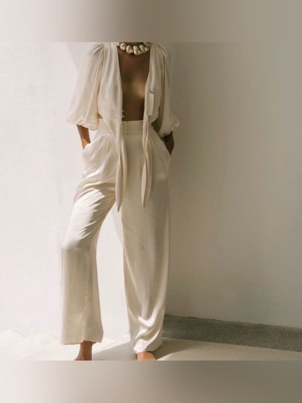 Shona Joy La Lune Tuxedo Trousers Satin Pants Ivory Cream Size 2